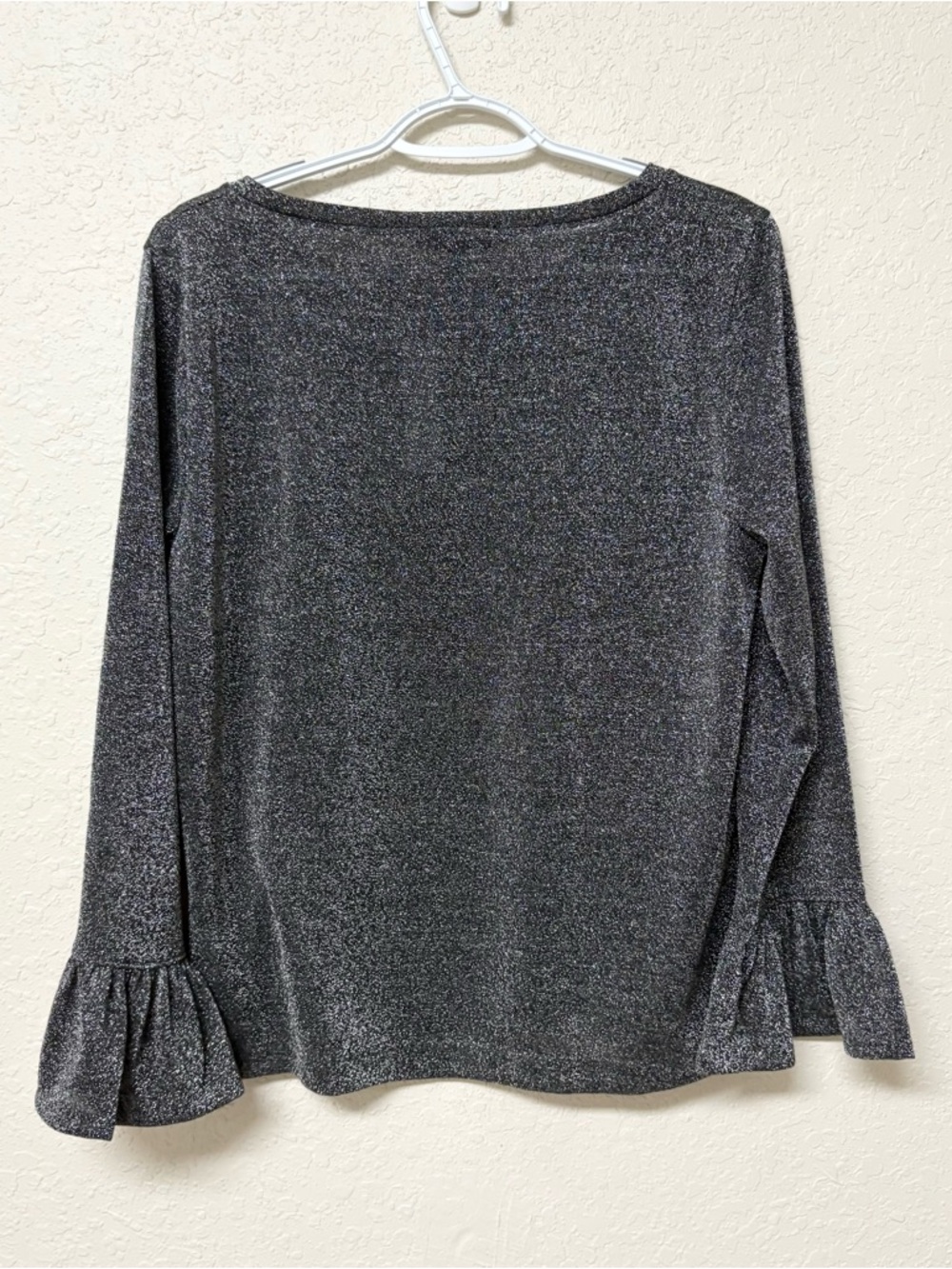 NWT J. Crew Sparkle Bell Sleeve Top Silver Metallic Black Size L - Picture 5 of 7